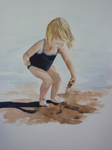 <b>Amelia on the Beach</b><br />Orginal Watercolour
<br />11 x 14 inches 
<br />$150.00