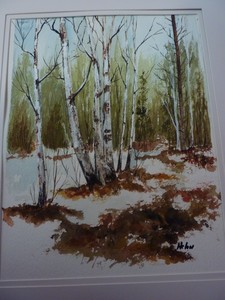<b>Birches in Winter</b><br />12 x 14 watercolour and birch bark framed